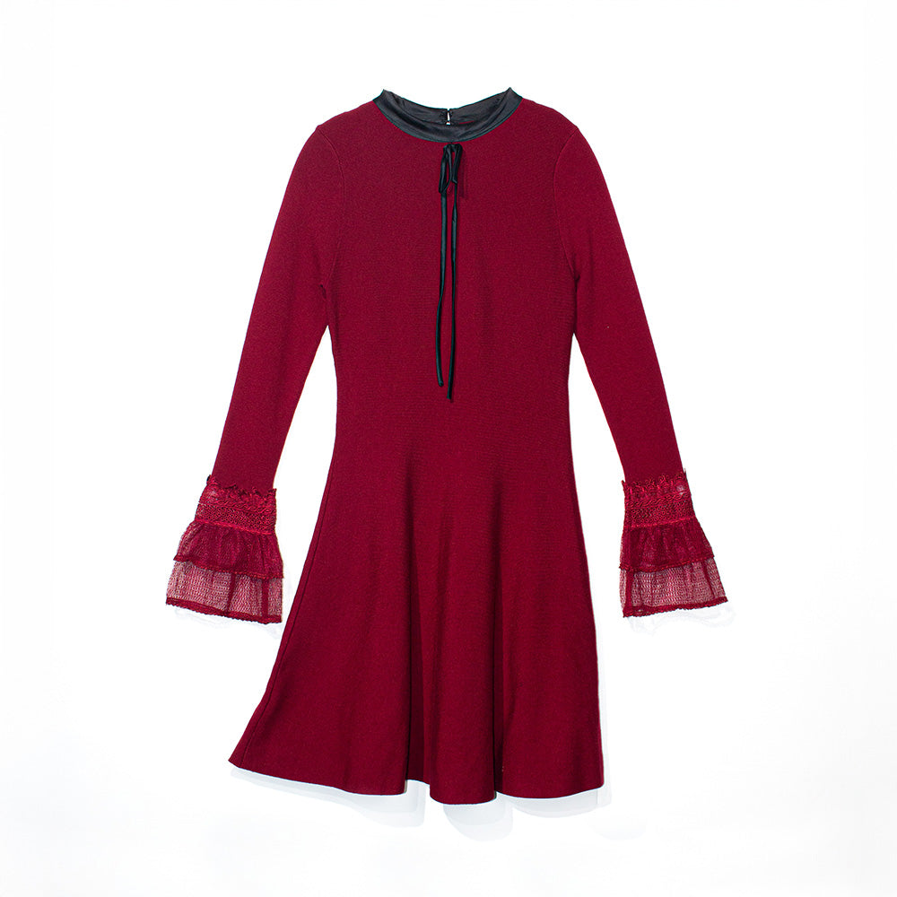 Knitted Red Lace-Sleeve Collared Dress