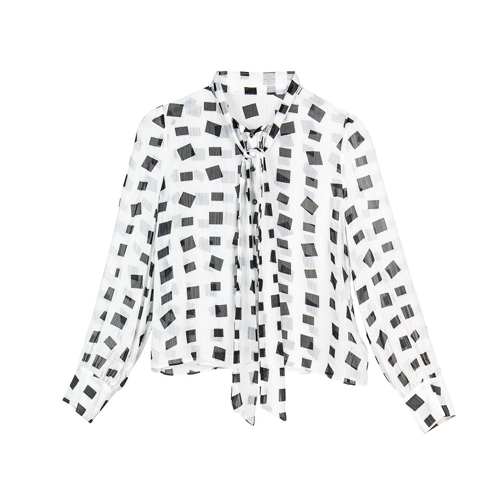 Semi-Sheer Black and White Patterned Blouse