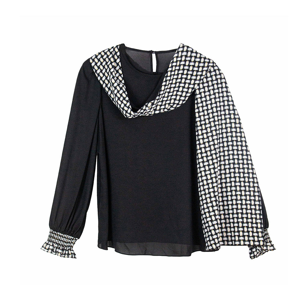Semi-Sheer Draped Scarf-Sleeve Blouse