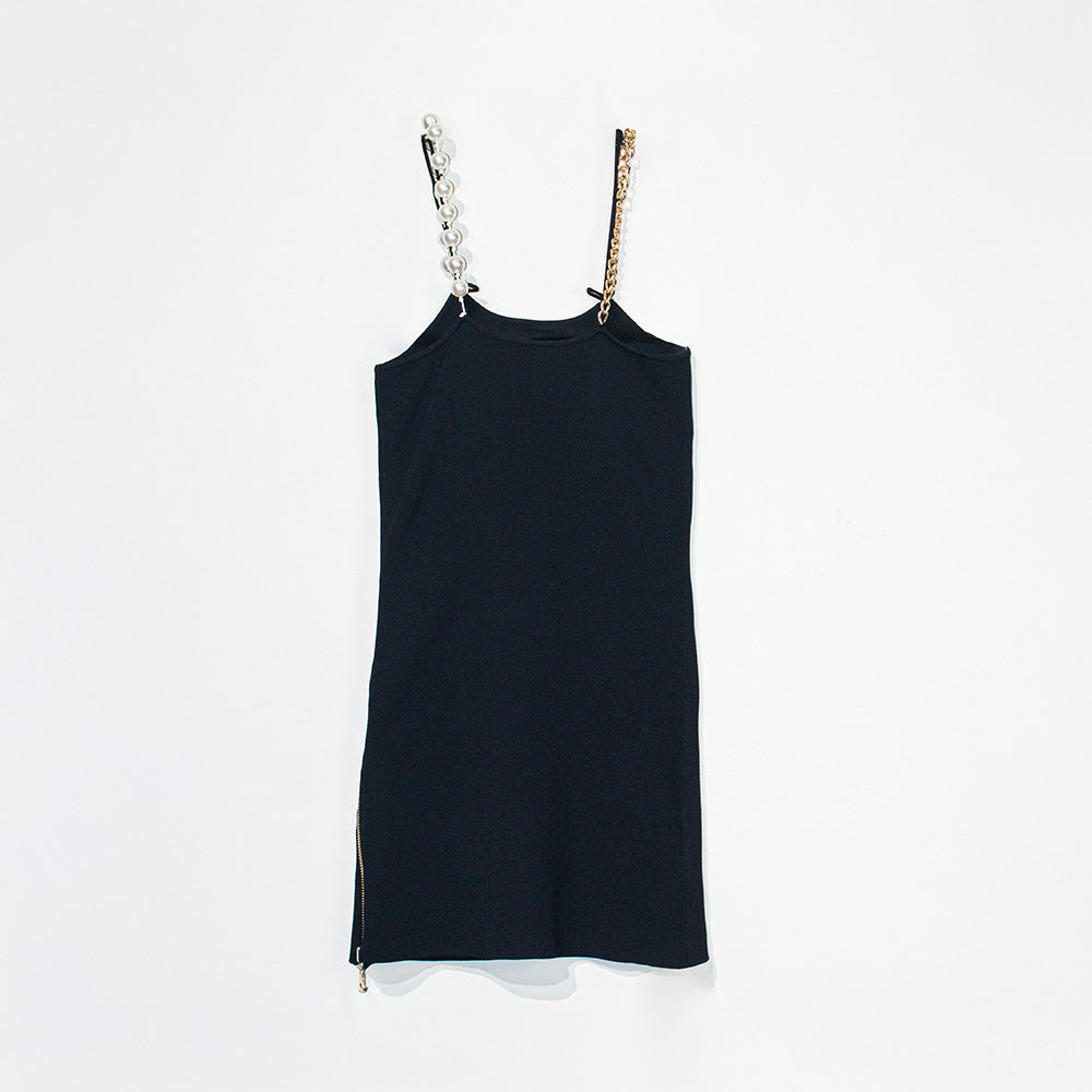 Knitted Black Dress with Pearl and Chain