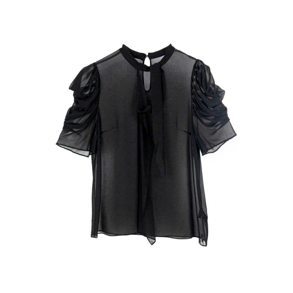 Semi-Sheer Black Ruffle Sleeve Blouse