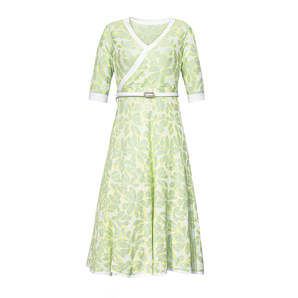 Knitted Floral Wrap Look Dress with Belt
