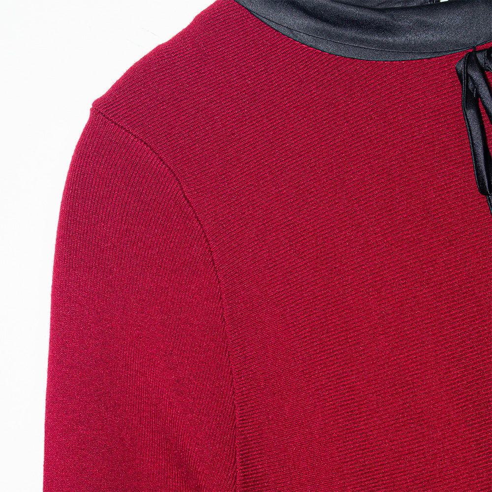 Knitted Red Lace-Sleeve Collared Dress