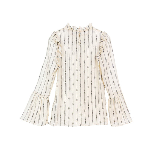 Semi-Sheer Geometric Stripe Ruffle Blouse