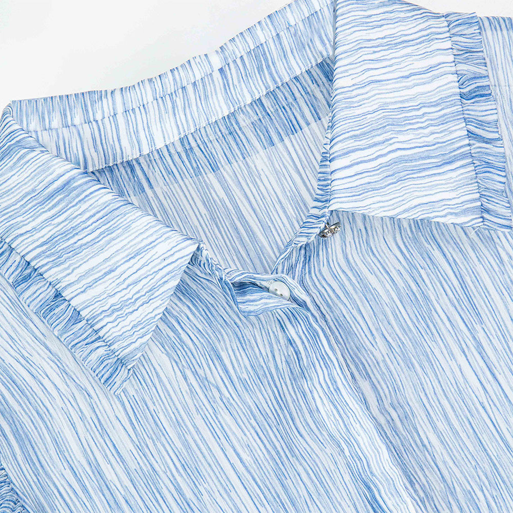 Semi-Sheer Blue Striped Sleeve Button-Down Blouse