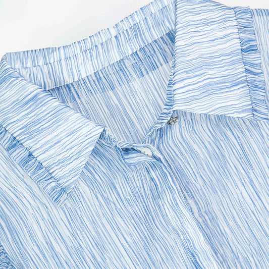 Semi-Sheer Blue Striped Sleeve Button-Down Blouse