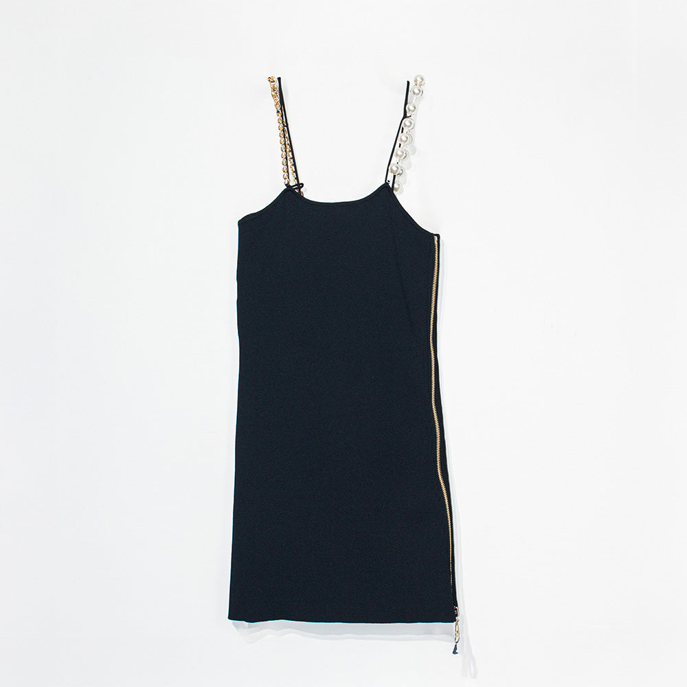 Knitted Black Dress with Pearl and Chain