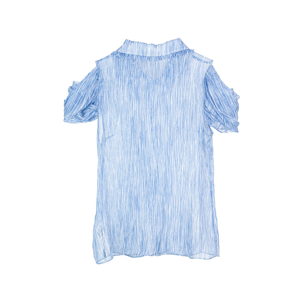 Semi-Sheer Blue Striped Sleeve Button-Down Blouse