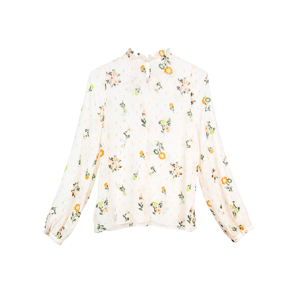 Semi-Sheer Floral Ruffle Neck Blouse