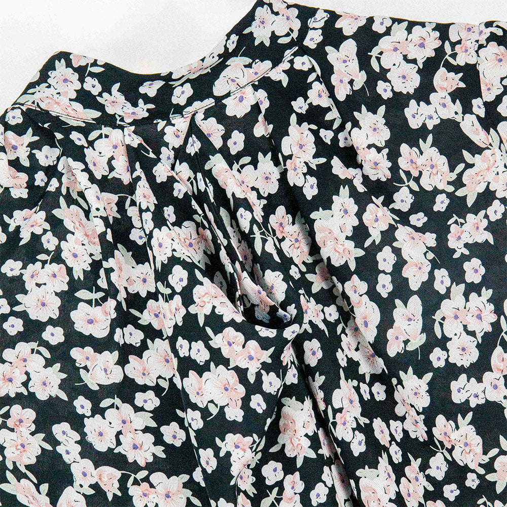 Semi-Sheer Floral Print Tie-Neck Blouse