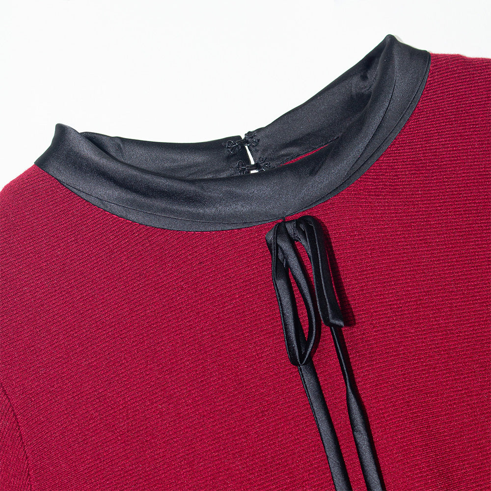 Knitted Red Lace-Sleeve Collared Dress