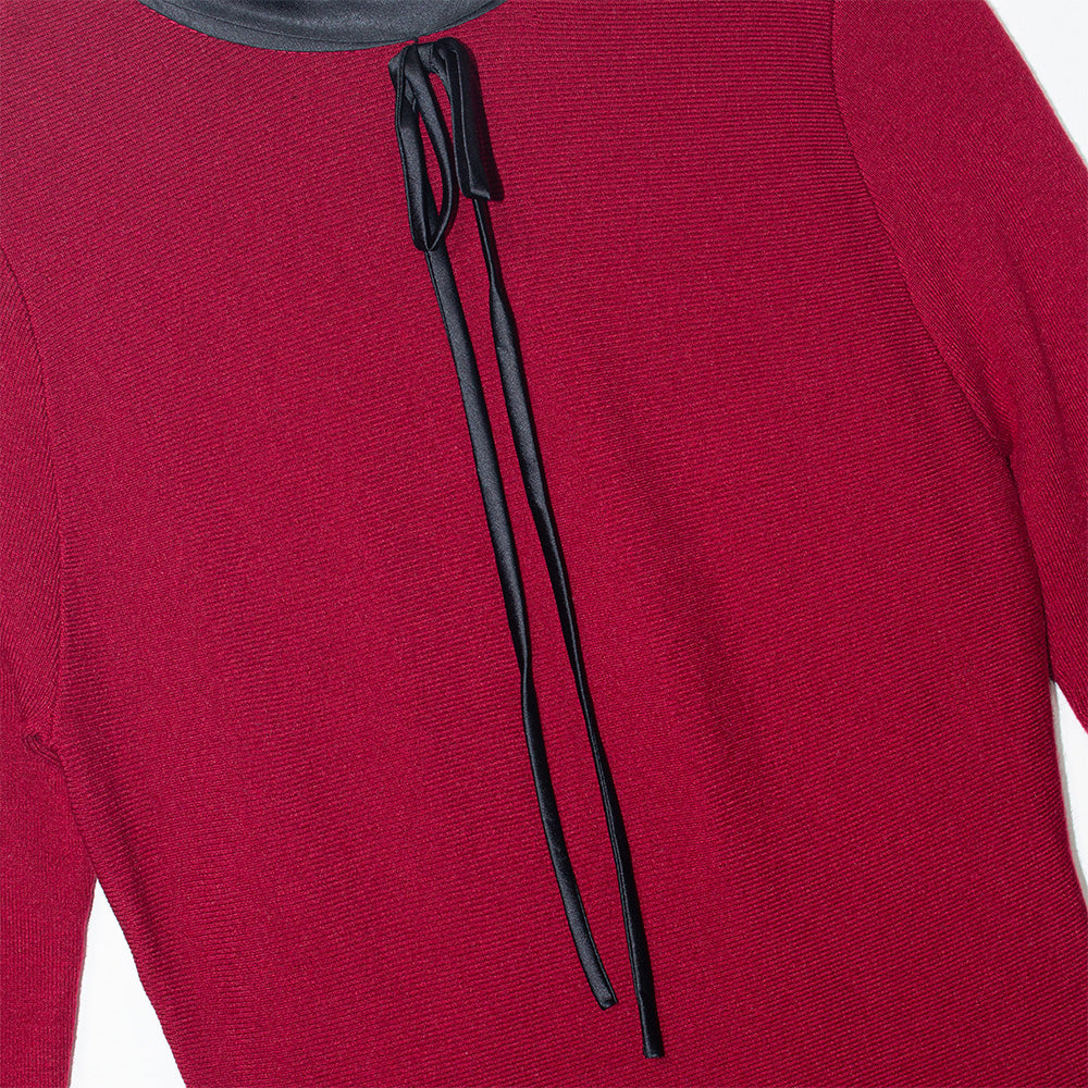 Knitted Red Lace-Sleeve Collared Dress