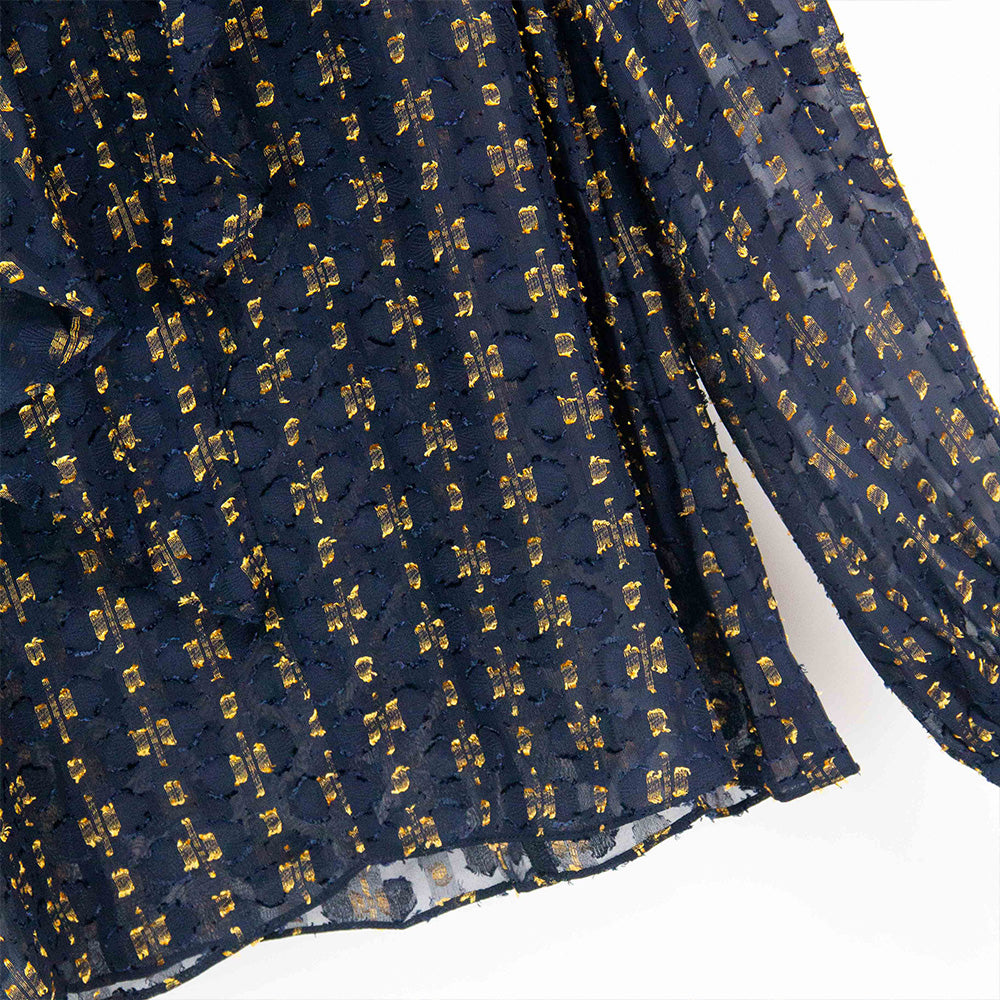 Semi-Sheer Navy and Gold Ruffle Blouse