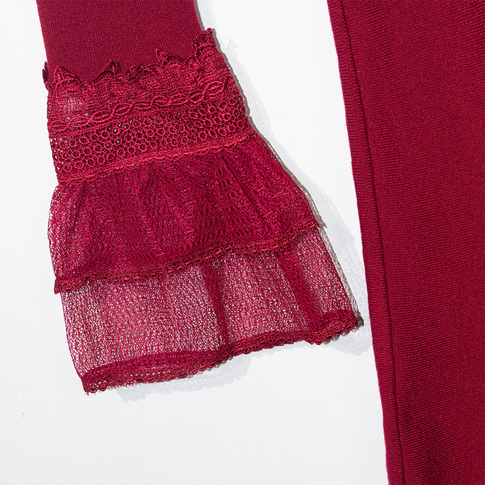 Knitted Red Lace-Sleeve Collared Dress