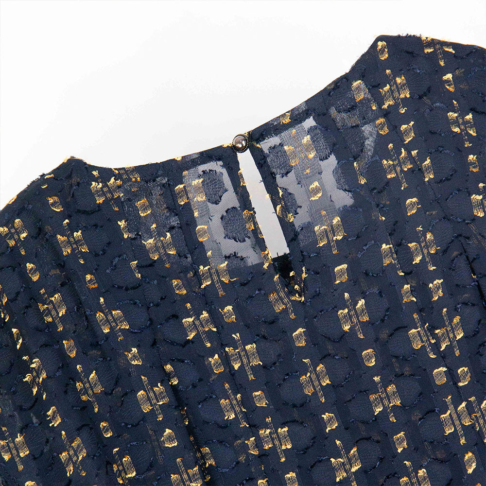 Semi-Sheer Navy and Gold Ruffle Blouse