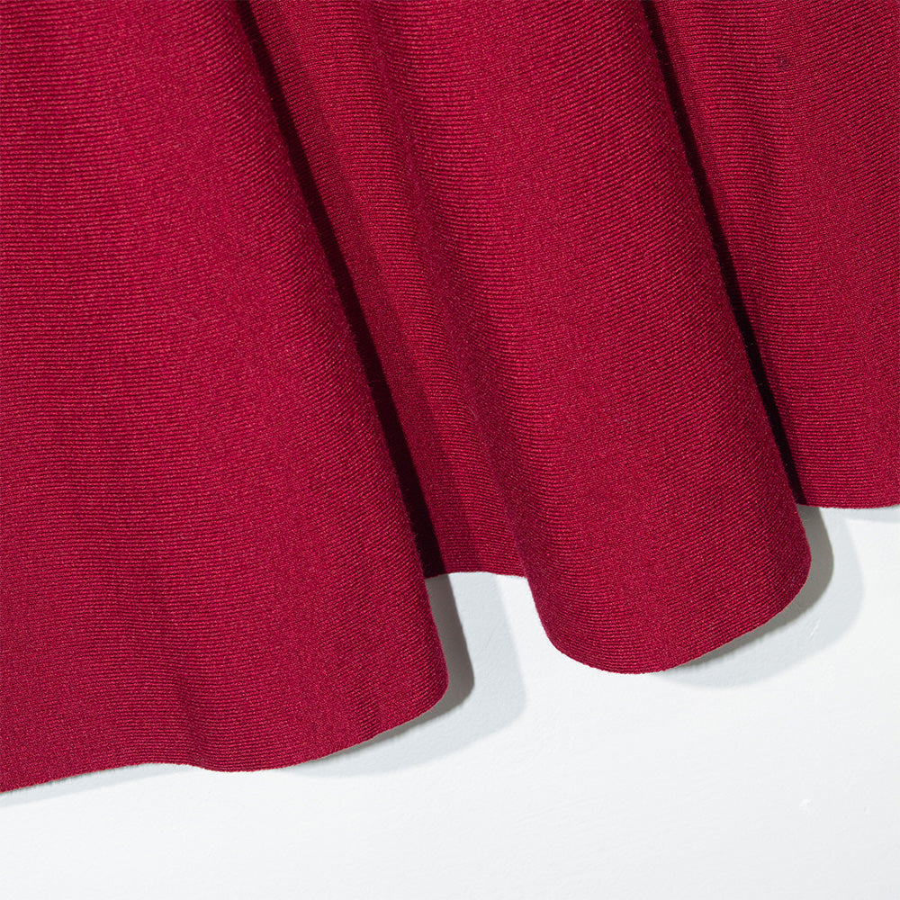Knitted Red Lace-Sleeve Collared Dress