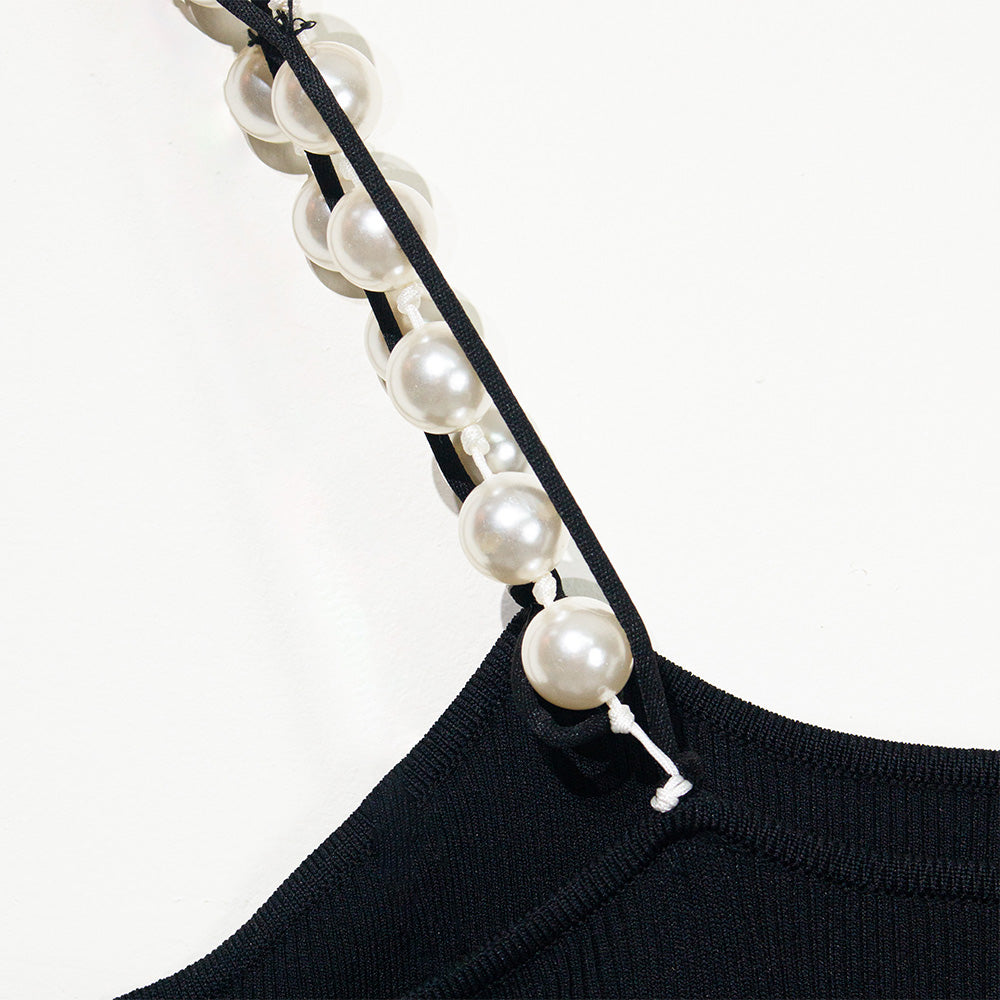Knitted Black Dress with Pearl and Chain