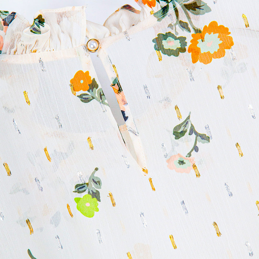 Semi-Sheer Floral Ruffle Neck Blouse