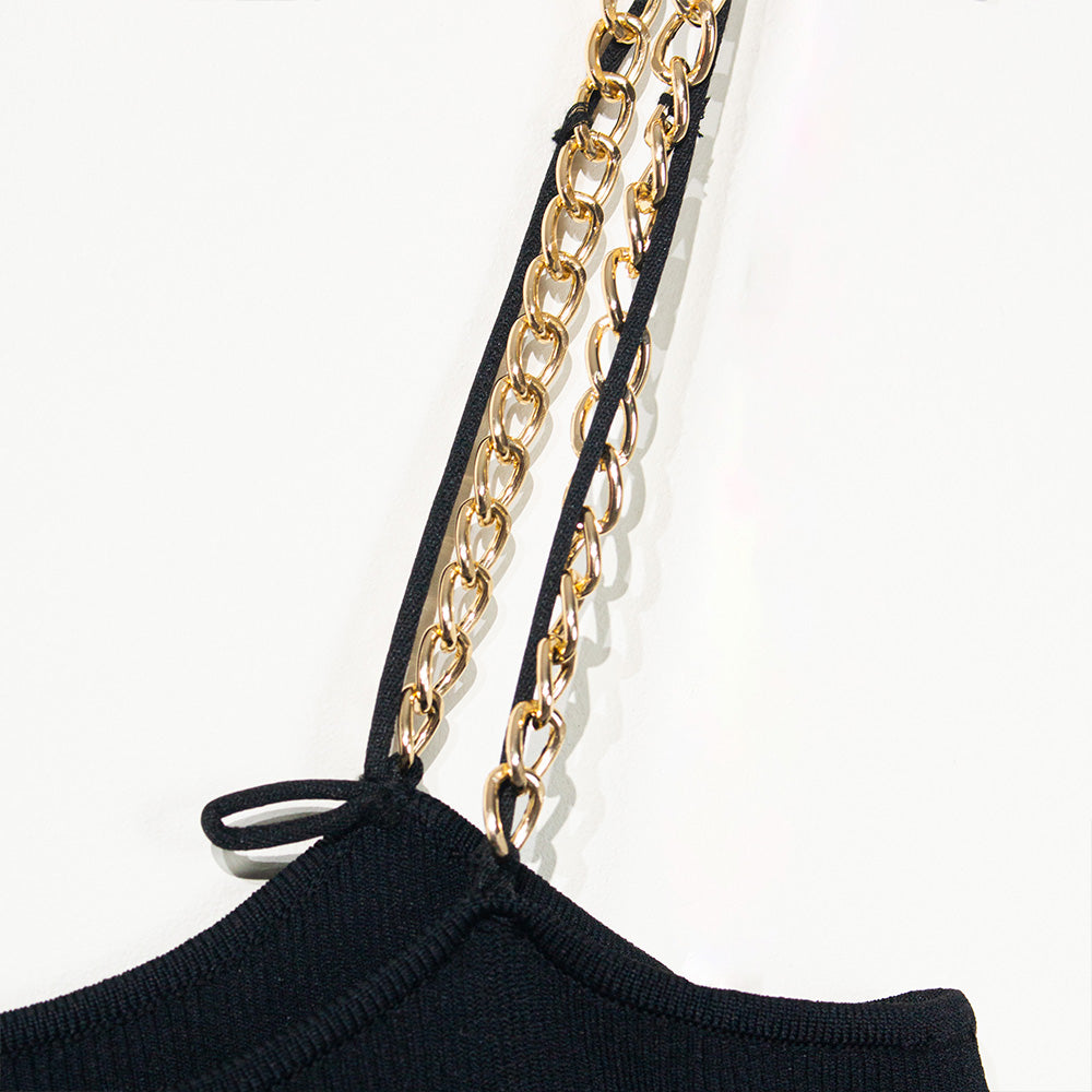 Knitted Black Dress with Pearl and Chain