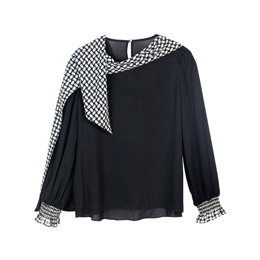 Semi-Sheer Draped Scarf-Sleeve Blouse