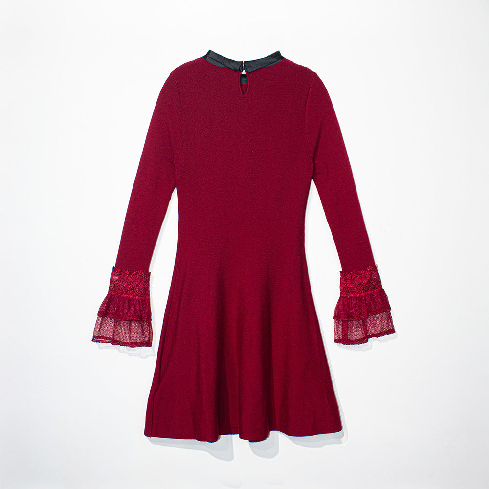 Knitted Red Lace-Sleeve Collared Dress