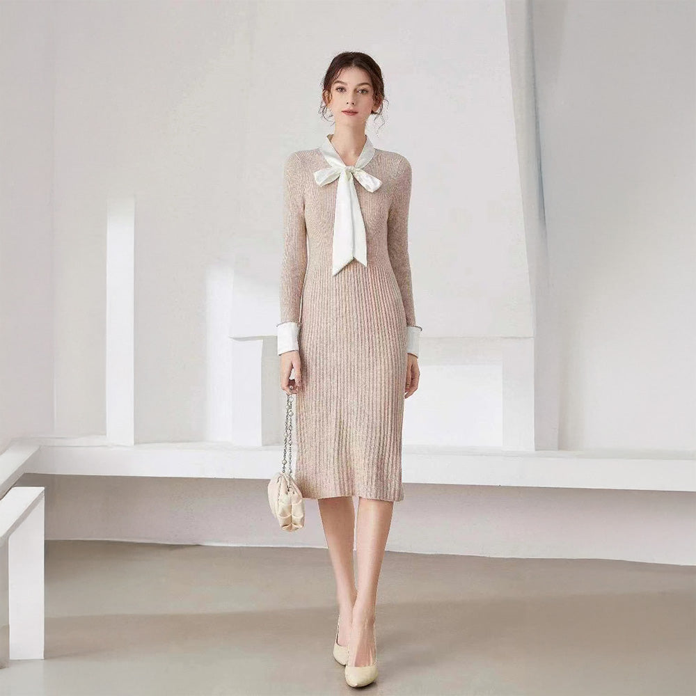 Knitted Ribbon Tie Neck Dress