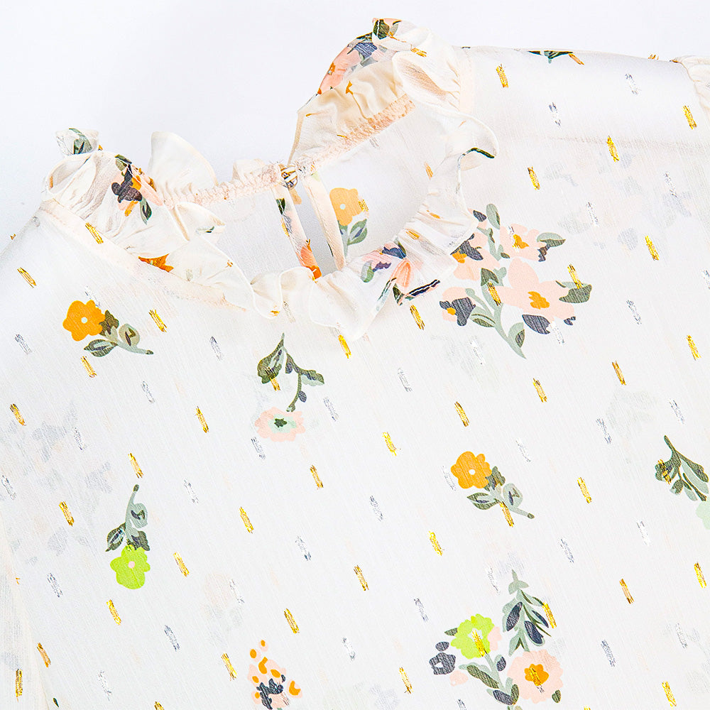 Semi-Sheer Floral Ruffle Neck Blouse