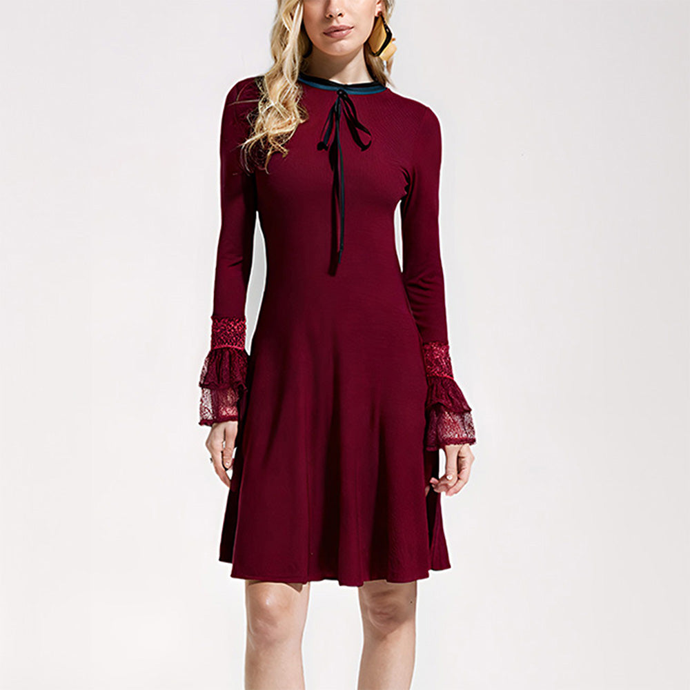 Knitted Red Lace-Sleeve Collared Dress