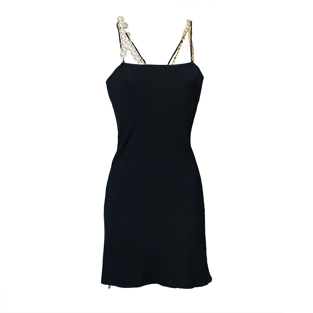 Knitted Black Dress with Pearl and Chain