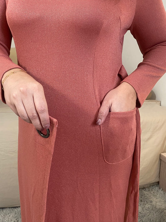 Rosy Shimmer Tie-Waist Dress