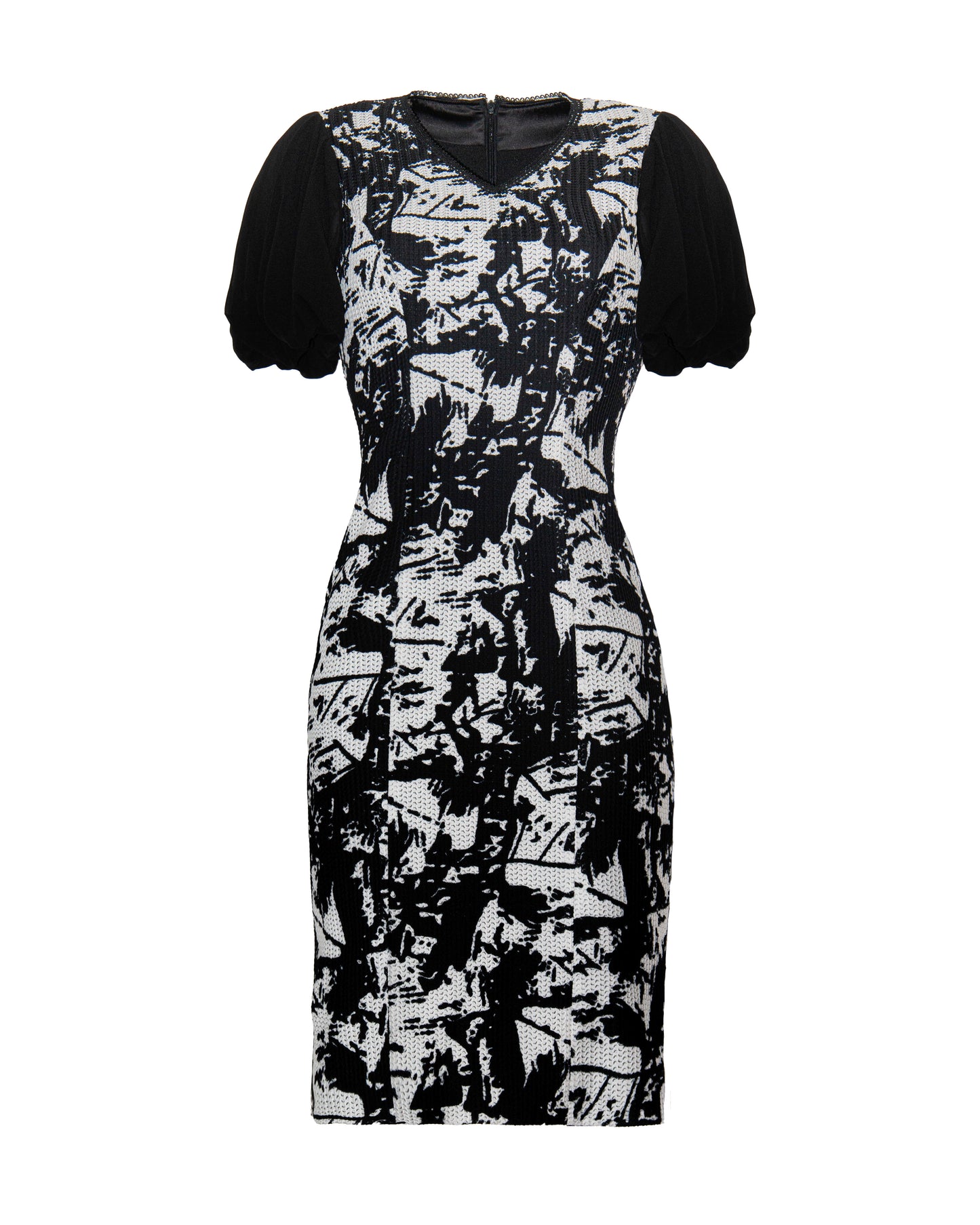 Contrast Elegance Puff-Sleeve Dress