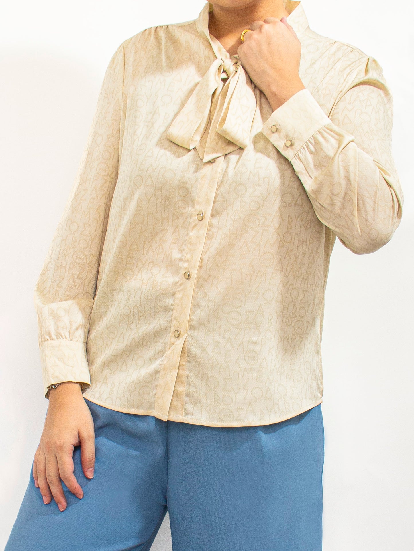 Cream Script Print Bow Blouse