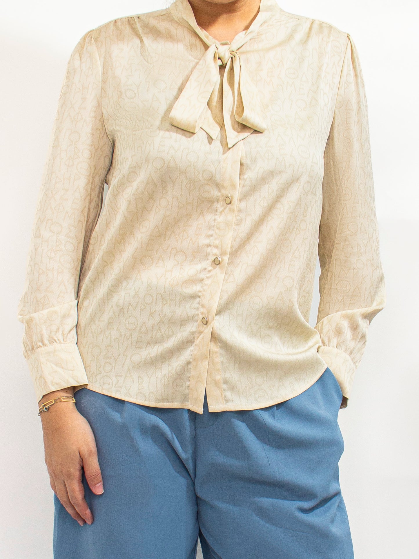 Cream Script Print Bow Blouse