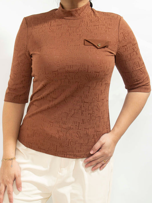 Letter Embossed Mock Neck Top