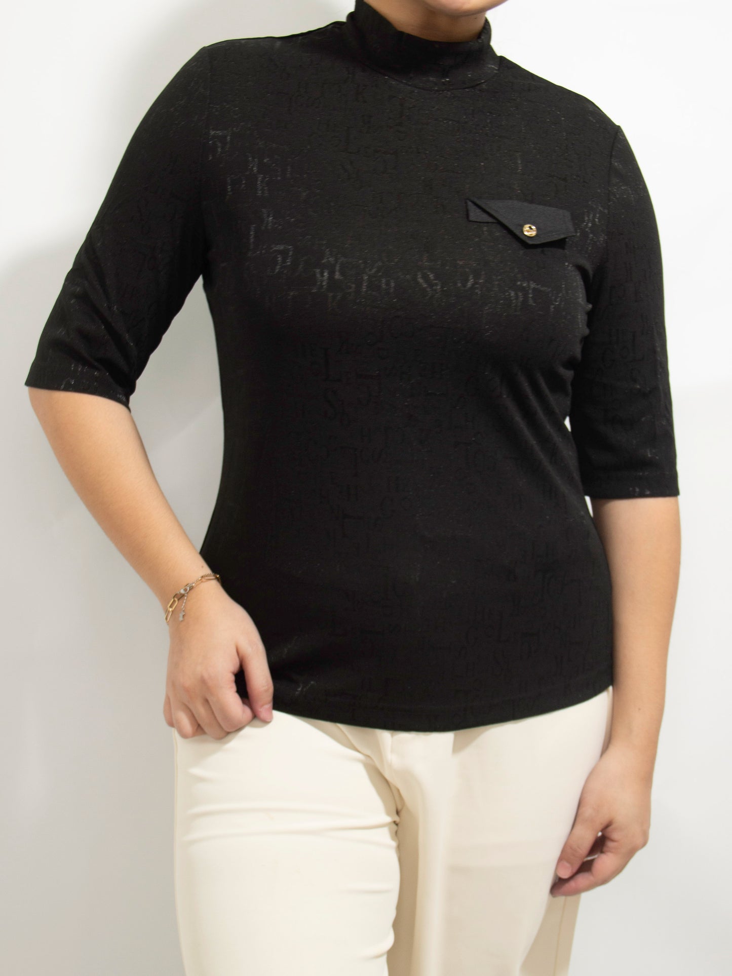 Letter Embossed Mock Neck Top