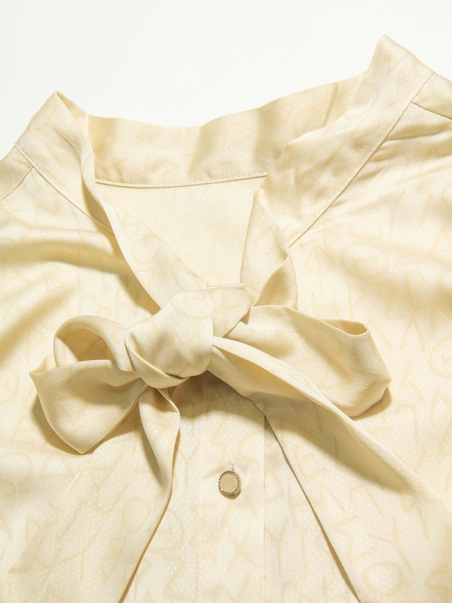 Cream Script Print Bow Blouse