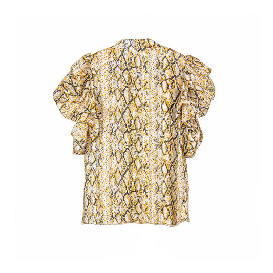 Semi-Sheer Ruffle Sleeve Snake Print Blouse