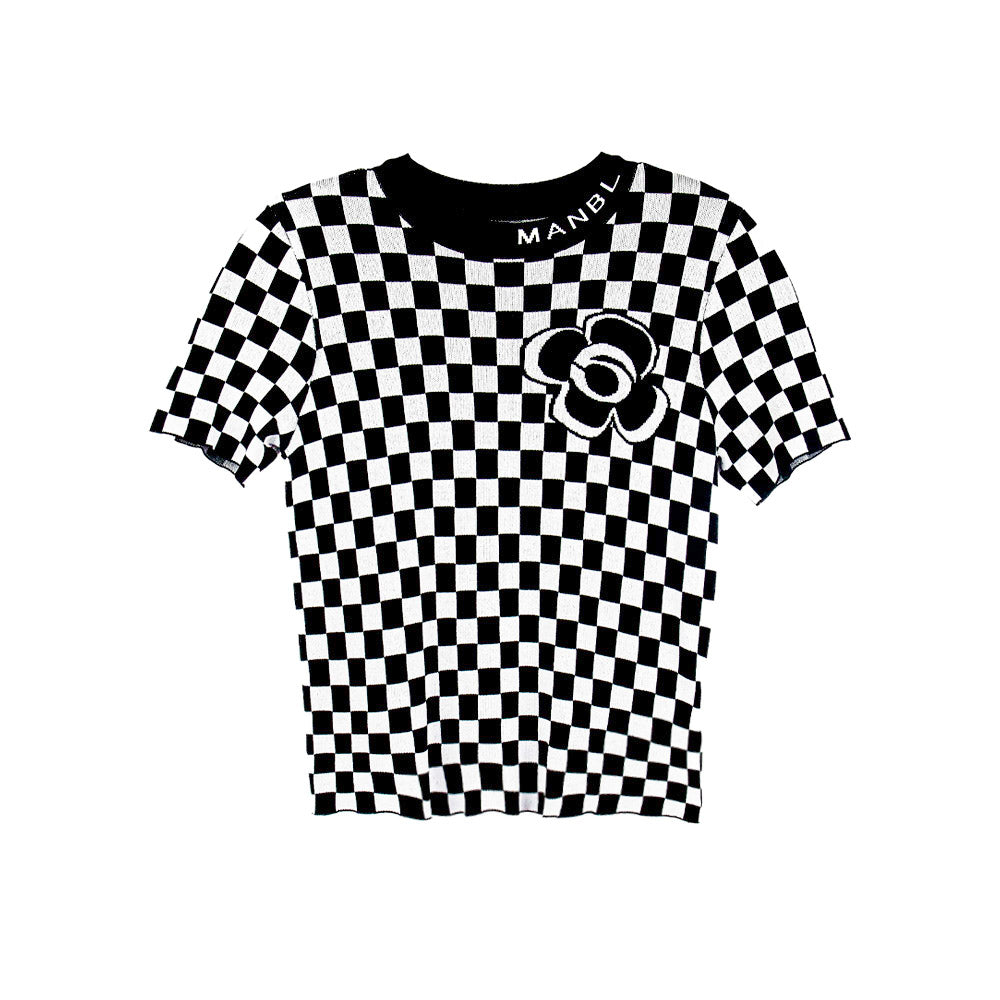 Checkered Blossom Knit Top