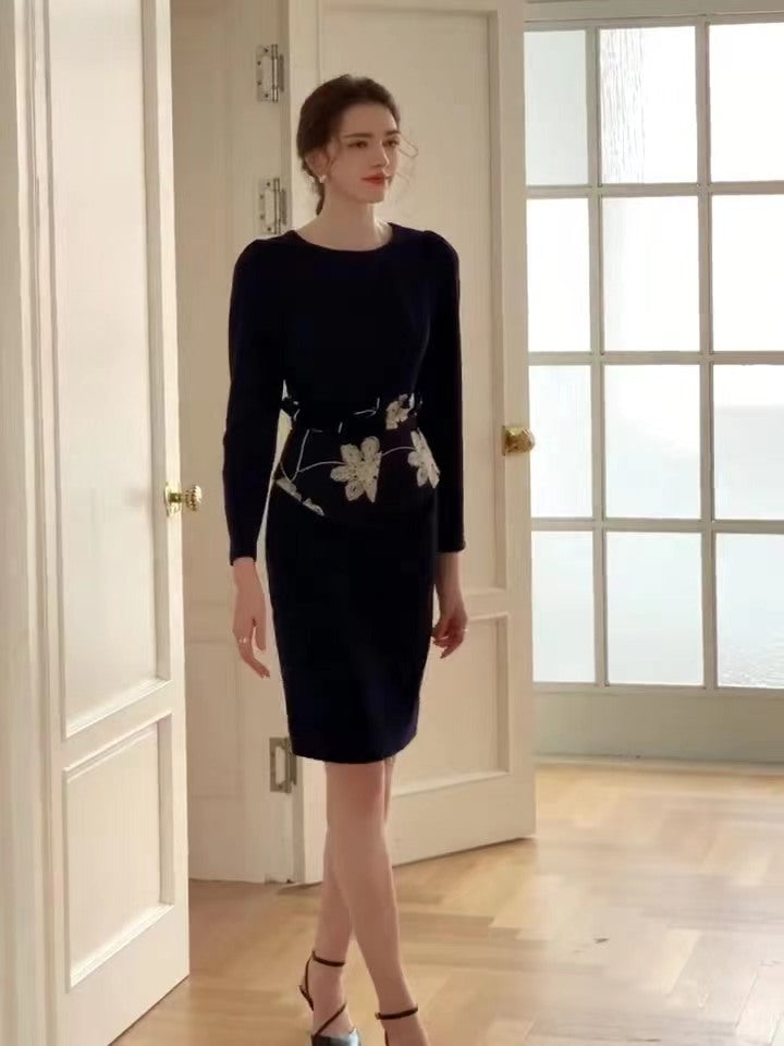 Floral Accent Navy Dress