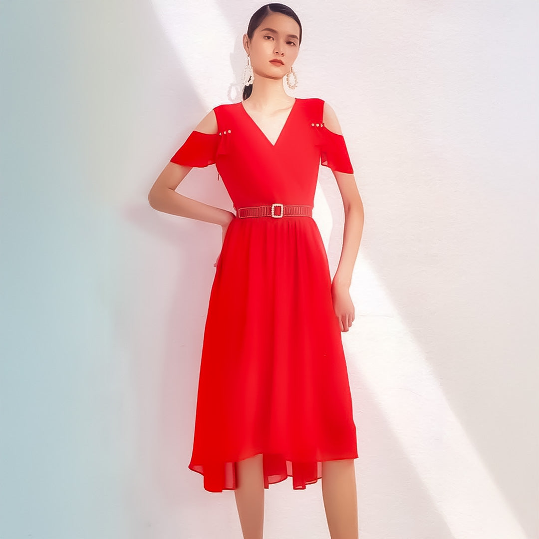 Pearl Buckle Cold-Shoulder Dress