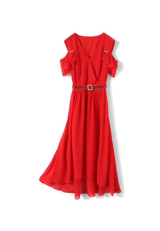 Pearl Buckle Cold-Shoulder Dress