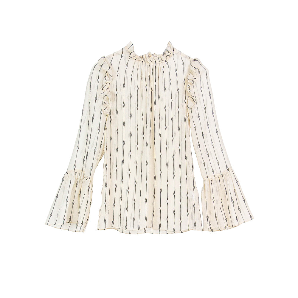 Semi-Sheer Geometric Stripe Ruffle Blouse