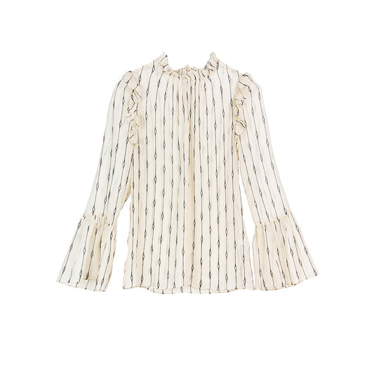 Semi-Sheer Geometric Stripe Ruffle Blouse