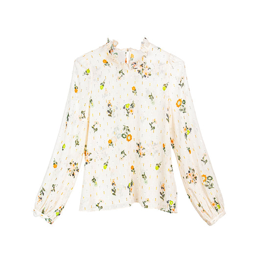 Semi-Sheer Floral Ruffle Neck Blouse