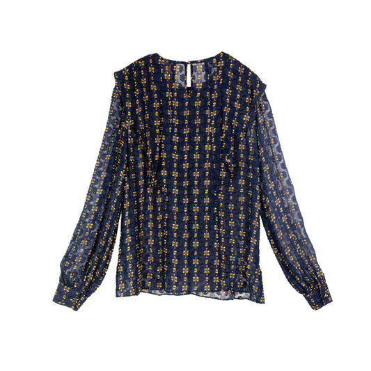 Semi-Sheer Navy and Gold Ruffle Blouse