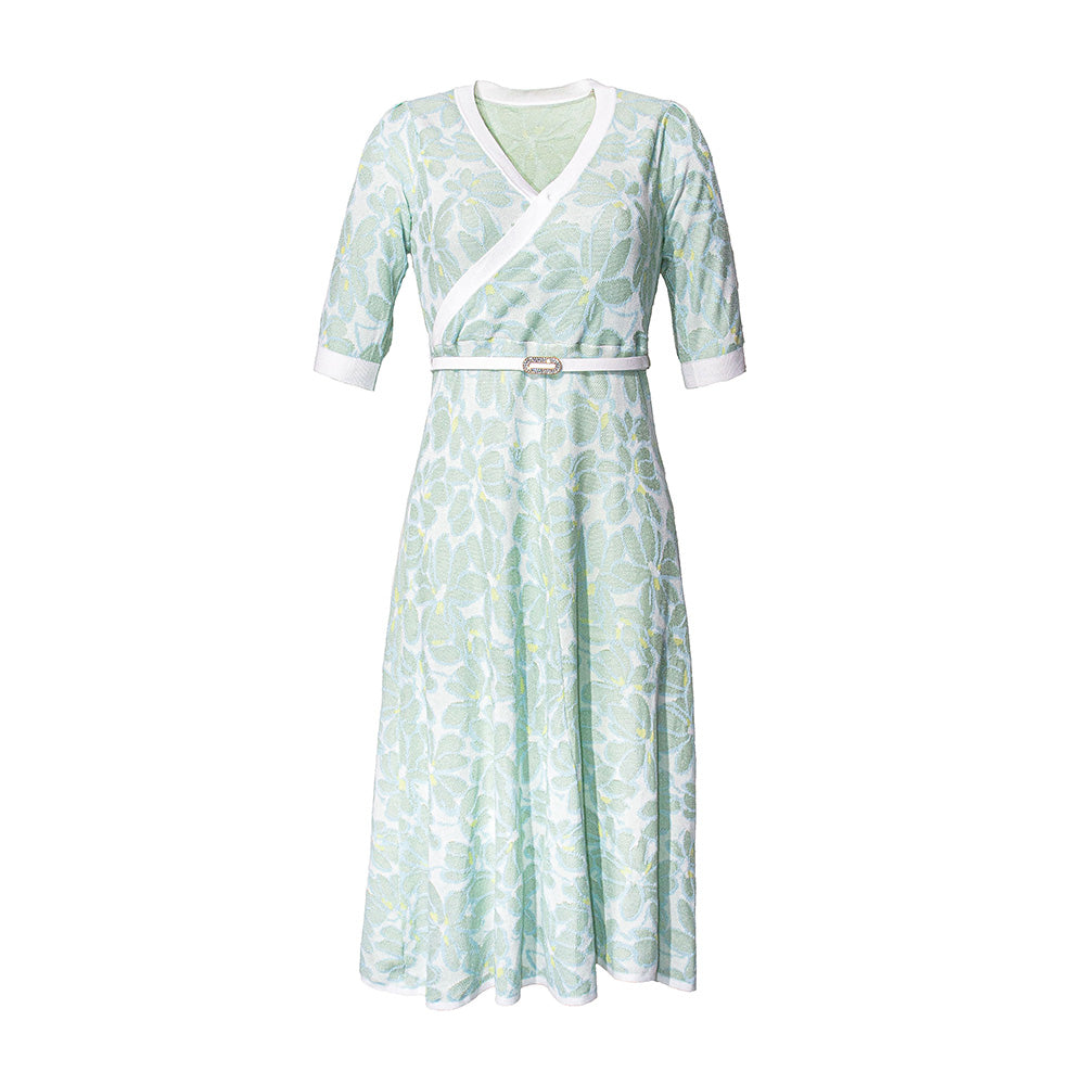 Knitted Floral Wrap Look Dress with Belt