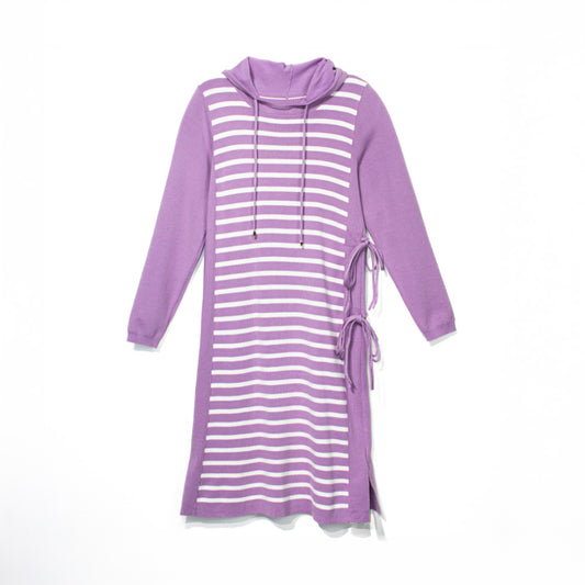 Knitted Striped Hoodie Dress with Side Tie