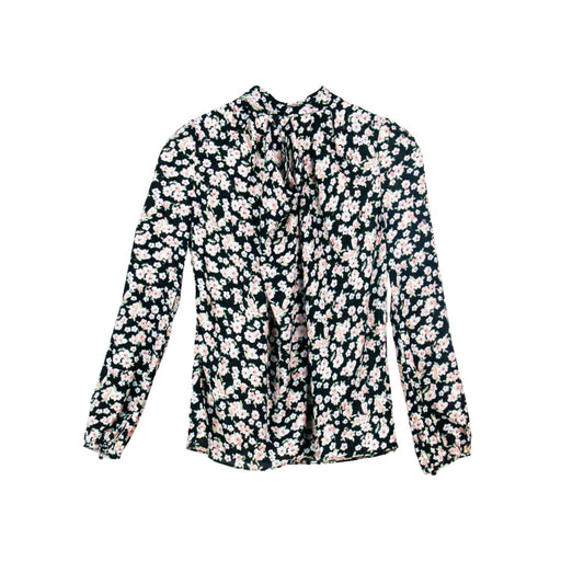 Semi-Sheer Floral Print Tie-Neck Blouse