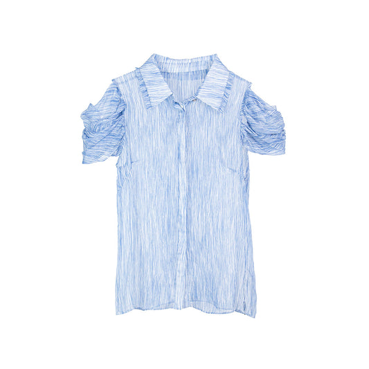 Semi-Sheer Blue Striped Sleeve Button-Down Blouse