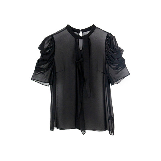 Semi-Sheer Black Ruffle Sleeve Blouse